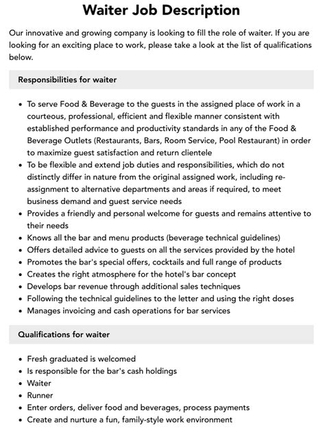 outlet waiter|Waiter Job Description .